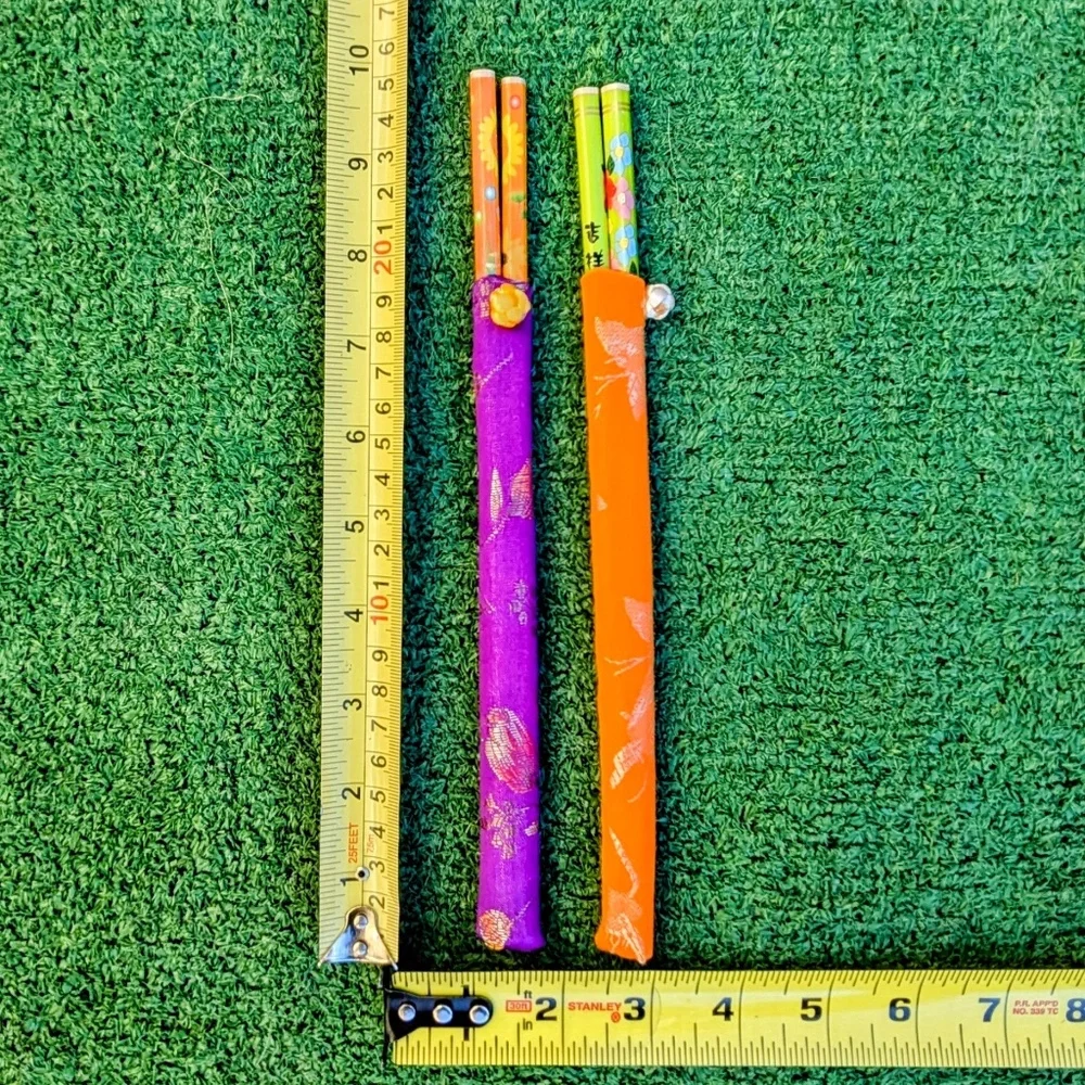 2 Pair Lucky Wooden Chopsticks With Embroidered Silk Case Sleeve Sheath 9.5